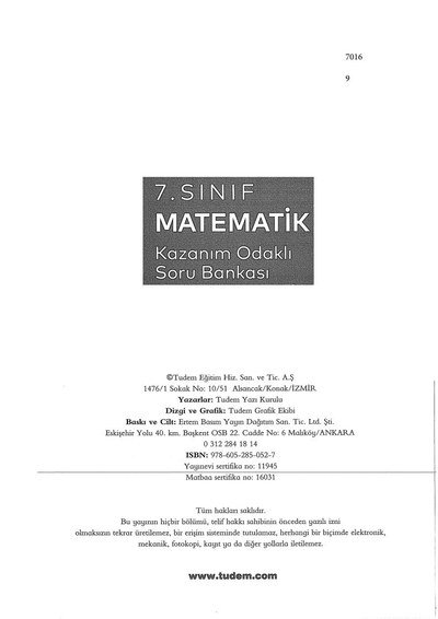 MATEMATİK KAZANIM ODAKLI SORU BANKASI Fenomen Fotokopi - YKS - KPSS - ALES