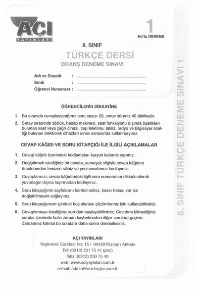 TÜRKÇE DERSİ BRANŞ DENEME SINAVI