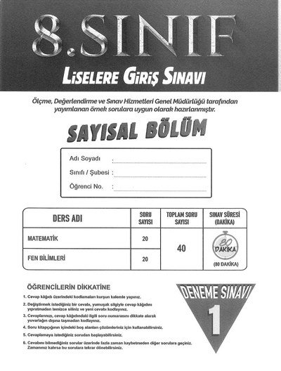 LİSELERE GİRİŞ SINAVI SAYISAL BÖLÜM DENEME SINAVI Fenomen Fotokopi - YKS - KPSS - ALES
