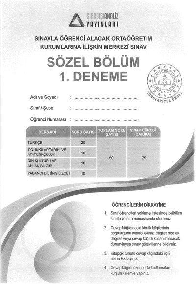 SÖZEL BÖLÜM 1. DENEME MERKEZİ SINAV Fenomen Fotokopi - YKS - KPSS - ALES