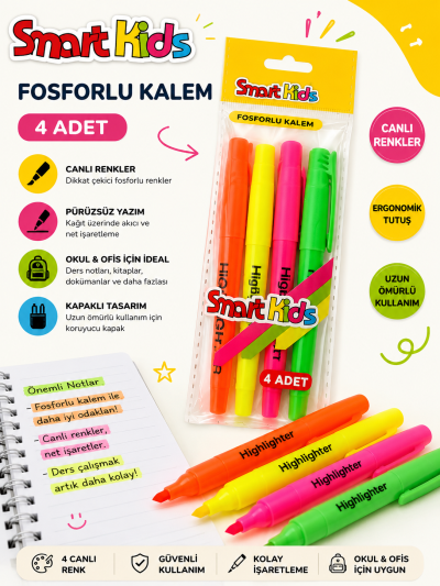 Smart Kids 4 Adet Fosforlu Kalem Fenomen Fotokopi - YKS - KPSS - ALES