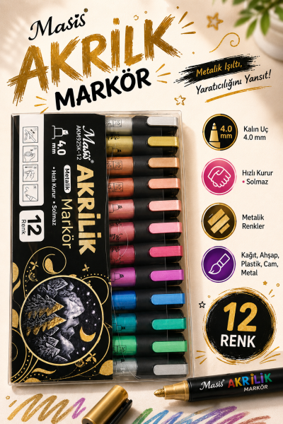 Masis AKRİLİK METALİK MARKÖRÜ 12 Lİ AKM925K-12 Fenomen Fotokopi - YKS - KPSS - ALES