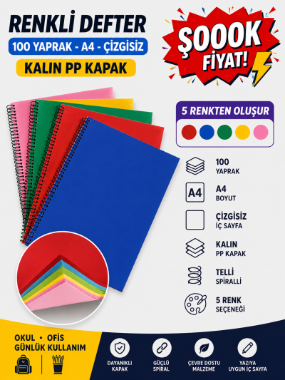 Renkli A4 100 Yaprak Çizgisiz Telli Defter Fenomen Fotokopi - YKS - KPSS - ALES