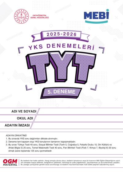 MEBİ YKS Denemeleri TYT 5. Deneme Fenomen Fotokopi - YKS - KPSS - ALES