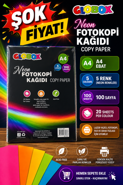 5 Renk 100 Sayfa Renkli Fotokopi Kağıdı Neon Globox Fenomen Fotokopi - YKS - KPSS - ALES