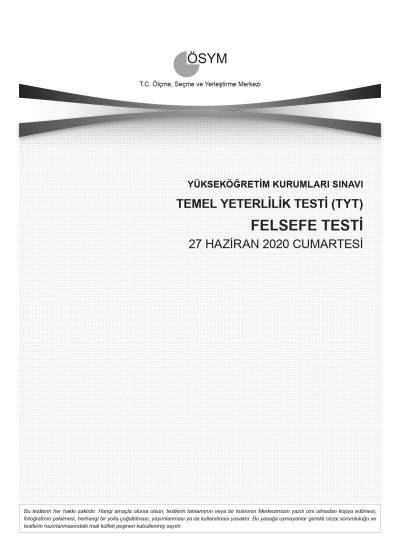 FELSEFE SON 11 YIL ÇIKMIŞ SORULAR (TYT) (2020 DAHİL) Fenomen Fotokopi - YKS - KPSS - ALES