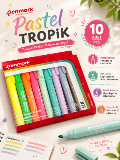 Penmark Kalem Tipi Fosforlu Bristol Kalem Neon Pastel Tropik Renkler 10 Lu Fenomen Fotokopi - YKS - KPSS - ALES
