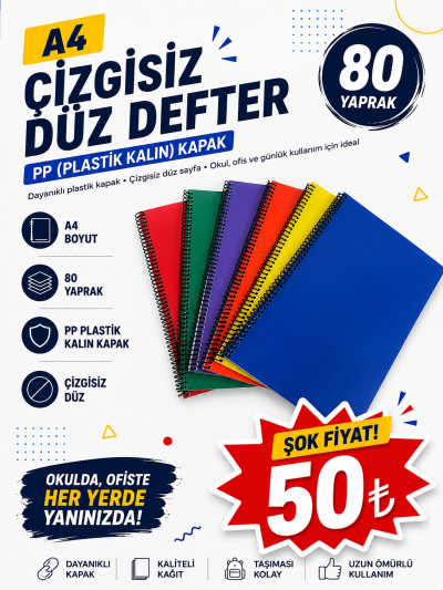 A4 80 Yaprak Çizgisiz PP (Kalın Plastik) KAPAK DEFTER Fenomen Fotokopi - YKS - KPSS - ALES