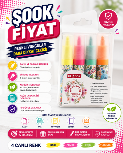 Globox Fosforlu Kalem Baskılı 4 Lü Set Fenomen Fotokopi - YKS - KPSS - ALES