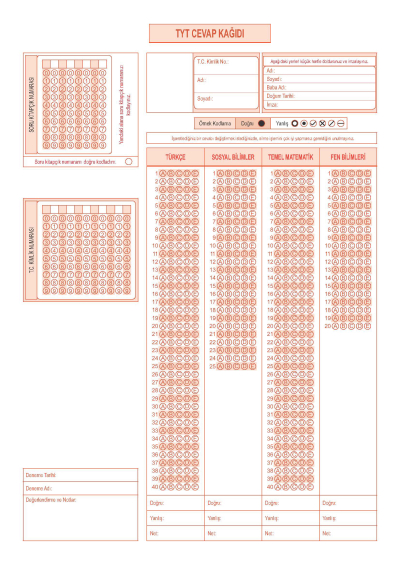 50'Lİ OPTİK FORM RENKLİ A4 ŞEKLİNDE Fenomen Fotokopi - YKS - KPSS - ALES