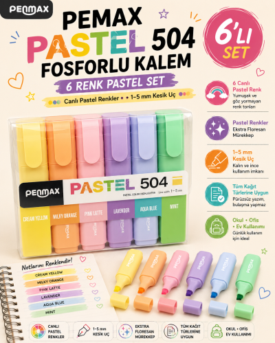 Penmax Fosforlu Işaretleme Kalemi Pastel Renkler 6'lı Set Fenomen Fotokopi - YKS - KPSS - ALES
