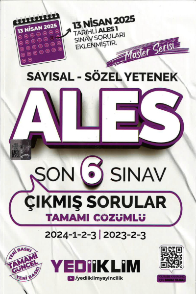 ALES Master Serisi Sayısal Sözel Yetenek Tamamı Çözümlü Son 6 Sınav Çıkmış Sorular Yediiklim Yayınları (2023-2024) Fenomen Fotokopi - YKS - KPSS - ALES