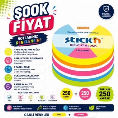 Hopax Stıck'n 21830 Yapışkanlı Yuvarlak Blok Neon 250 Yaprak Fenomen Fotokopi - YKS - KPSS - ALES