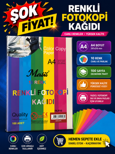 10 Renk 100 Sayfa Renkli Fotokopi Kağıdı Fenomen Fotokopi - YKS - KPSS - ALES