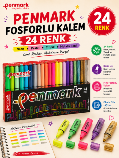 Penmark Fosforlu Kalem 24 Lü Süper Kutu 6 Neon+6 Pastel+6 Tropik+6 Simli Fenomen Fotokopi - YKS - KPSS - ALES