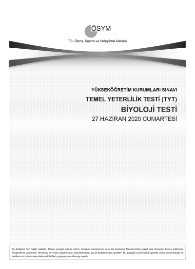 BİYOLOJİ SON 11 YIL ÇIKMIŞ SORULAR (TYT) (2020 DAHİL) Fenomen Fotokopi - YKS - KPSS - ALES