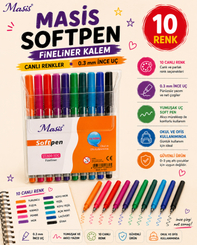 Masis Fineliner Softpen Kalem 10 Renk Pvc S5304-10c Fenomen Fotokopi - YKS - KPSS - ALES