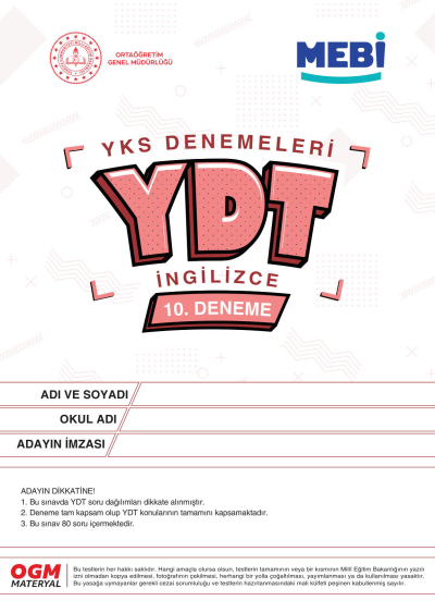 YDT Denemeleri İngilizce 10. Deneme MEBİ Fenomen Fotokopi - YKS - KPSS - ALES