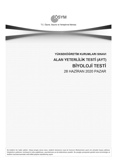BİYOLOJİ SON 11 YIL ÇIKMIŞ SORULAR (AYT) (2020 DAHİL) Fenomen Fotokopi - YKS - KPSS - ALES