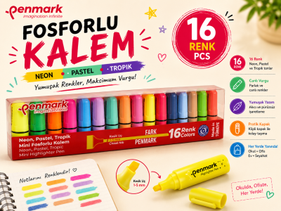 Penmark Mini Fosforlu Kalem 16 Lı Neon+Pastel+Tropik Fenomen Fotokopi - YKS - KPSS - ALES
