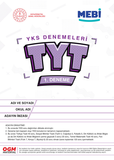 MEBİ YKS Denemeleri TYT 1. Deneme Fenomen Fotokopi - YKS - KPSS - ALES