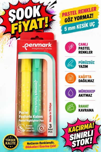 Penmark Kalem Tipi Fosforlu Kalem 3 Lü Bristol Pastel Fenomen Fotokopi - YKS - KPSS - ALES