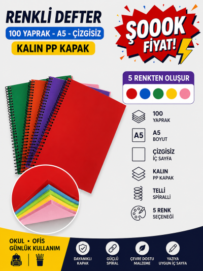 Renkli A5 100 Yaprak Çizgisiz Telli Defter Fenomen Fotokopi - YKS - KPSS - ALES