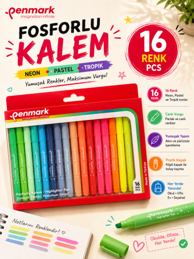 Penmark Kalem Tipi Fosforlu Kalem 18 Li Bristol Neon+Pastel+Tropik Fenomen Fotokopi - YKS - KPSS - ALES