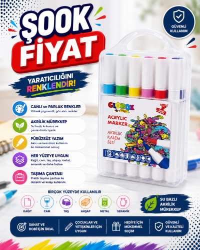 Globox Akrilik Marker Kalem Seti 12 Renk Fenomen Fotokopi - YKS - KPSS - ALES