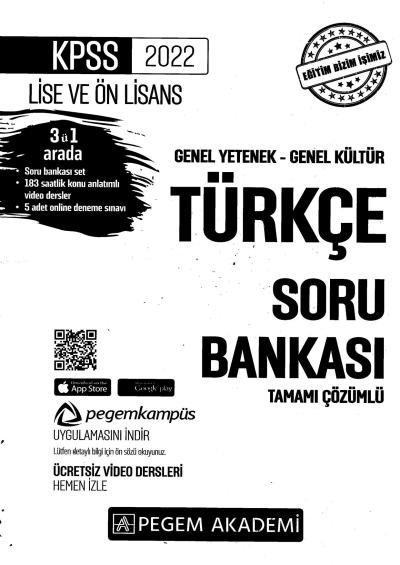 2022 KPSS LİSE VE ÖNLİSANS TÜRKÇE SORU BANKASI Fenomen Fotokopi - YKS - KPSS - ALES