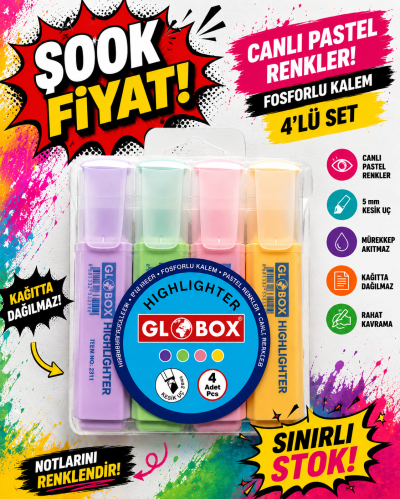 Globox Fosforlu Kalem Pastel Renk 4.lü Fenomen Fotokopi - YKS - KPSS - ALES