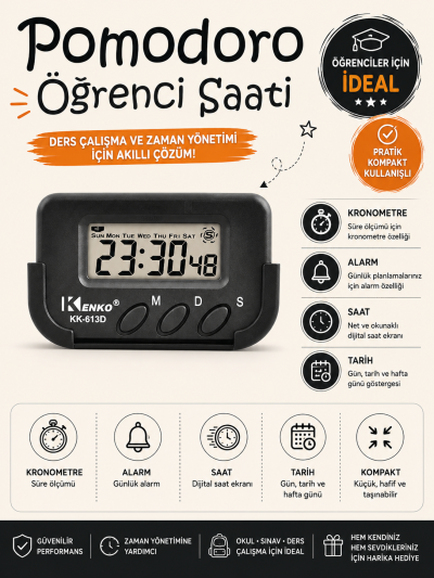 Kenko Pomodoro Öğrenci Saati - Kronometreli Ders Çalışma Saati - Dijital Masa Saati Kenko KK-613D Fenomen Fotokopi - YKS - KPSS - ALES